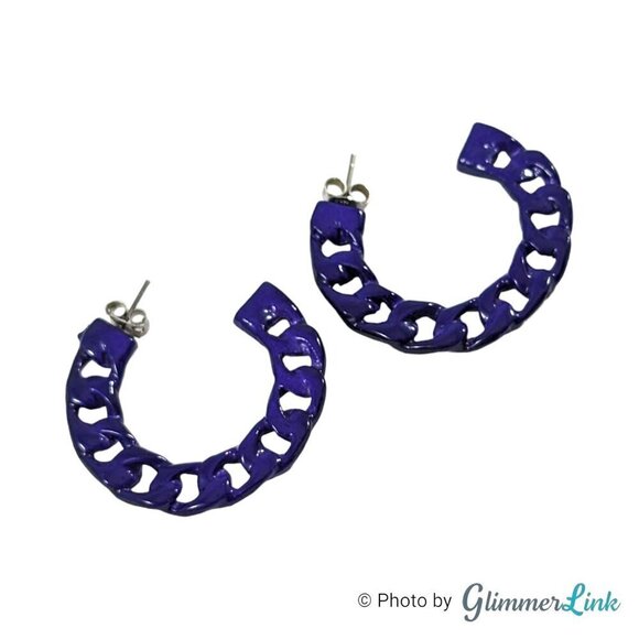 Retro Purple Enameled Curb Style Chain Hoop Pierced Earrings - Picture 4 of 8